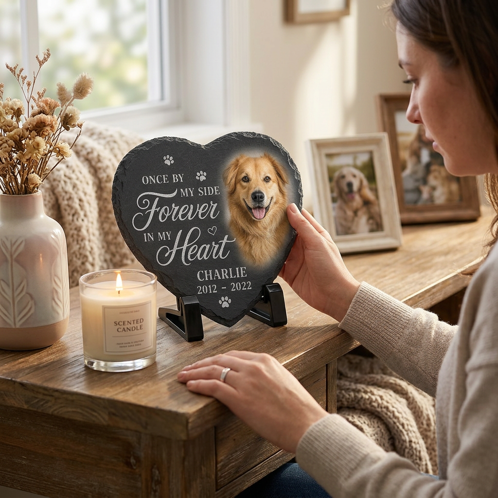 Personalized Heart Shaped Dog Memorial Stone with Photo – Pet Loss Gift - Image 4