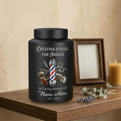 Personalized Master Barber Hair Stylist UV Printed Stainless Steel Urn for Ashes Cosmetologist Sympathy Bereavement Large Silver Black Gold Red Memorial Keepsake Urn, Memorial Gift, In Loving Memory - Image 4