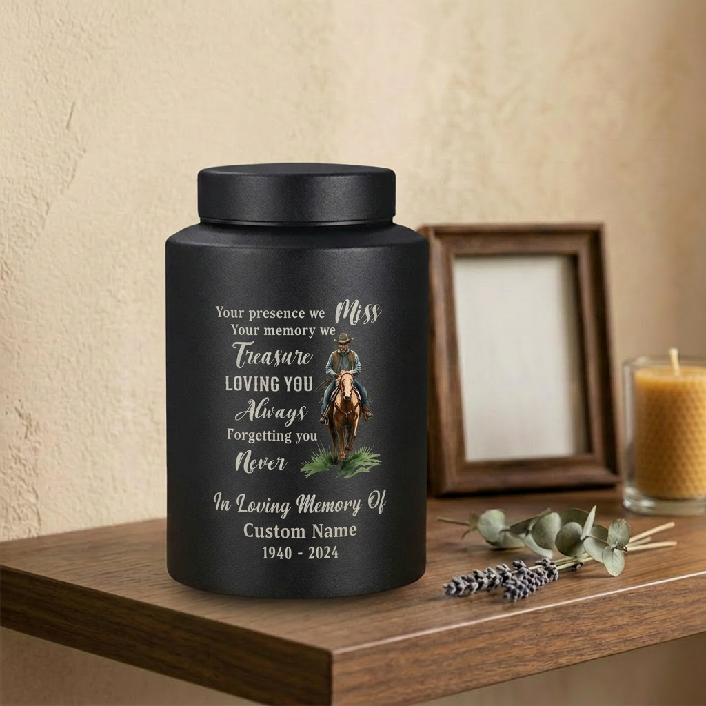 Personalized Cowboy Riding Horse Boots Hat Cross Stainless Steel Cremation Urn For Adult Human Ashes Funeral Remembrance Sympathy Memorial Keepsake Urn, Memorial Gift, In Loving Memory - Image 4