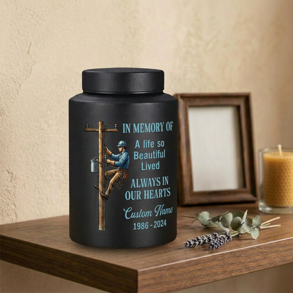 Personalized Lineman Electrician UV Printed Stainless Steel Funeral Urn for Dad Husband Adult Human Ashes Large Custom Decorative Memorial Keepsake Urn, Memorial Gift, In Loving Memory - Image 4