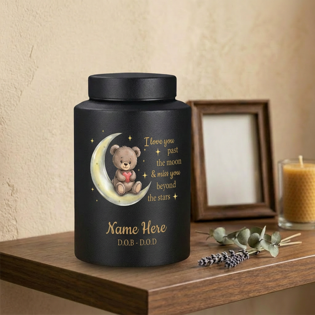 Personalized Teddy Bear Crescent Moon Stars Baby Loss Stainless Steel Urn Infant Child Bereavement Custom Two Sizes Parents Family Memorial Keepsake Urn, Memorial Gift, In Loving Memory - Image 4