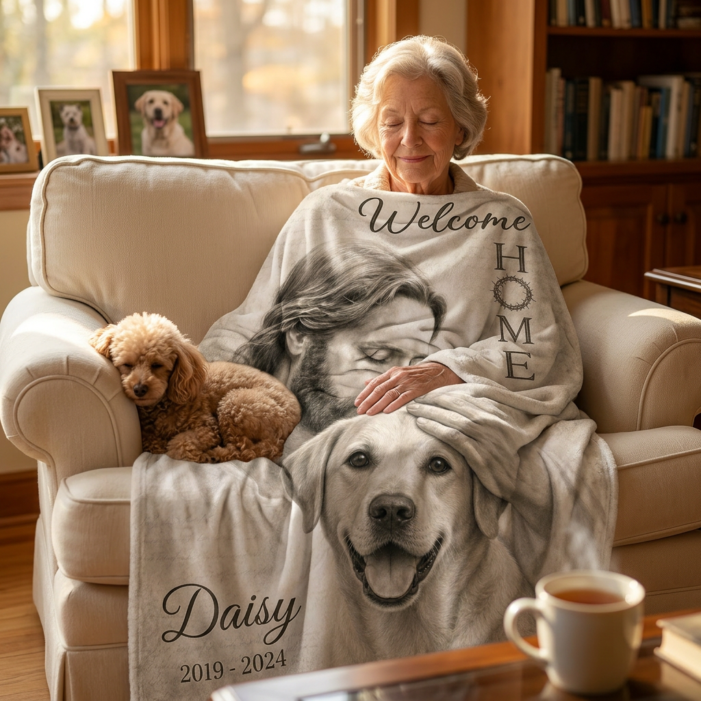 Personalized Pet Memorial Fleece Blanket - Custom Photo Dog Loss Sympathy Gift with Jesus Welcome Home - Image 4