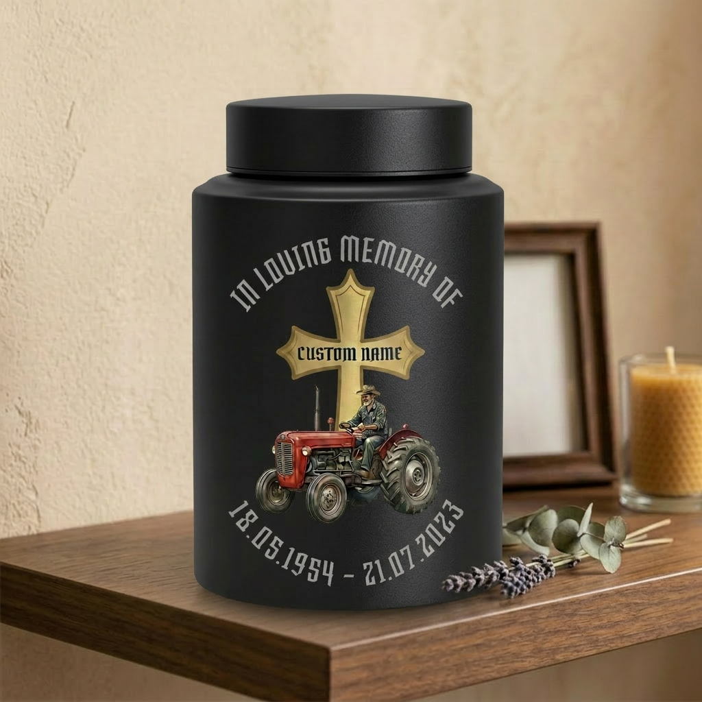 Personalized Farmer Tractor Gothic Cross Stainless Steel Urn for Human Ashes Loss of Father Grandfather Husband Decorative 5.9x3.9 7.5x5.1 Memorial Keepsake Urn, Memorial Gift, In Loving Memory - Image 4