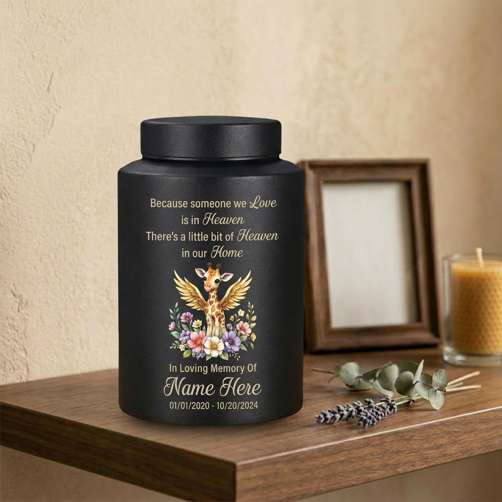 Personalized Giraffe Angel Wings Baby Loss Stainless Steel Infant Child Cremation Ashes Container Nursery Bereavement Display 5.9in 7.5in Memorial Keepsake Urn, Memorial Gift, In Loving Memory - Image 4