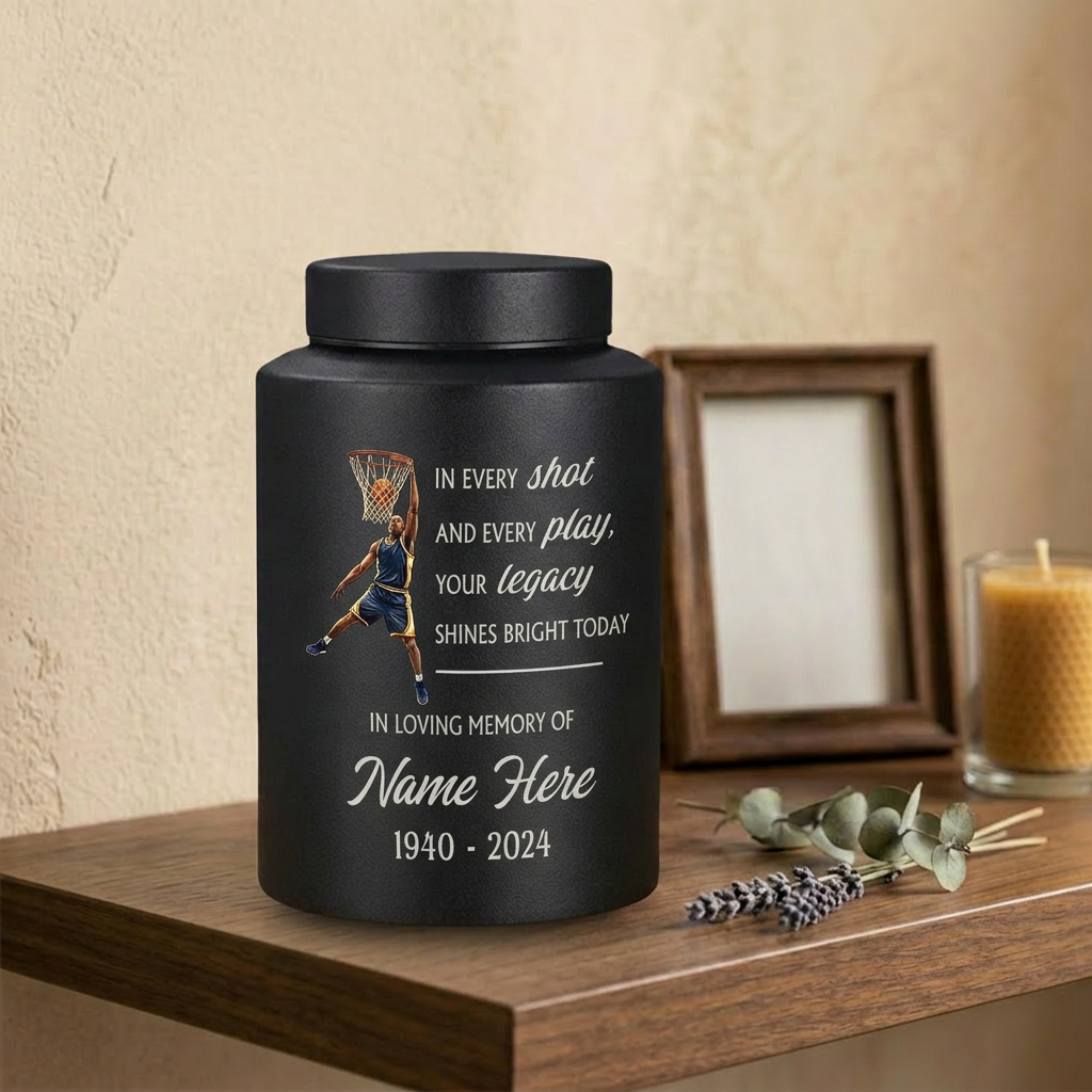 Personalized Basketball Stainless Steel Urn for Sports Fan Athlete Coach, Decorative Funeral Display Large Small Silver Black Gold Red Memorial Keepsake Urn, Memorial Gift, In Loving Memory - Image 4