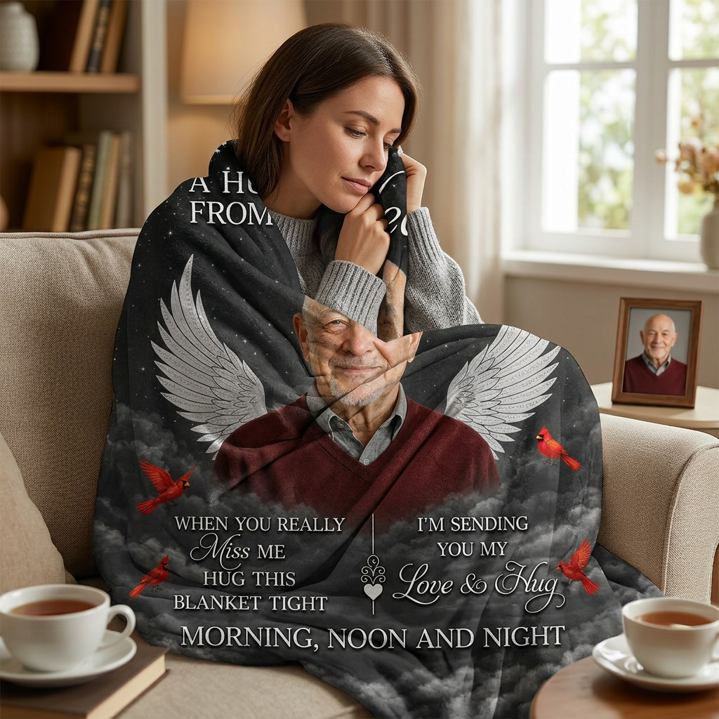 Personalized Memorial Photo Fleece Blanket - A Hug From Heaven Sympathy Gift for Loss of Loved One - Image 4