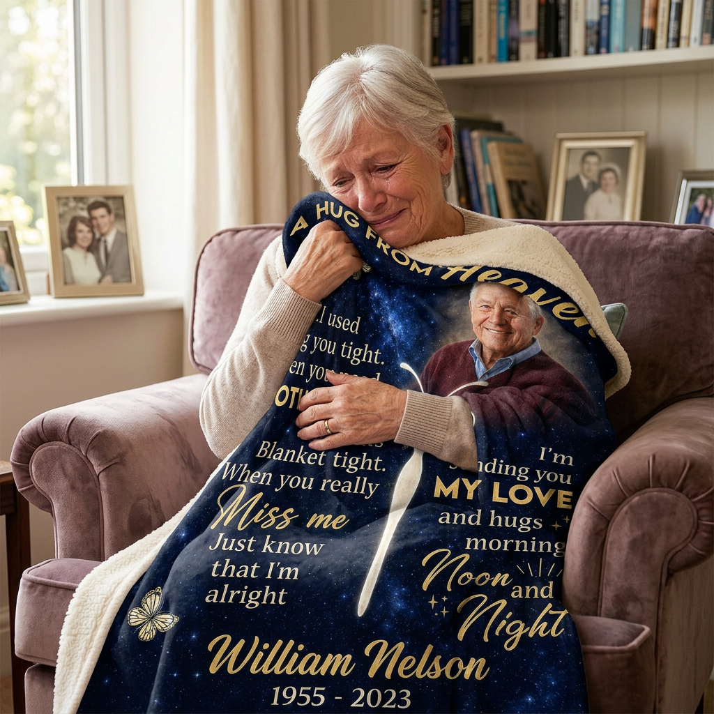 Personalized Memorial Photo Fleece Blanket - A Hug From Heaven Sympathy Gift for Loss of Dad - Image 4