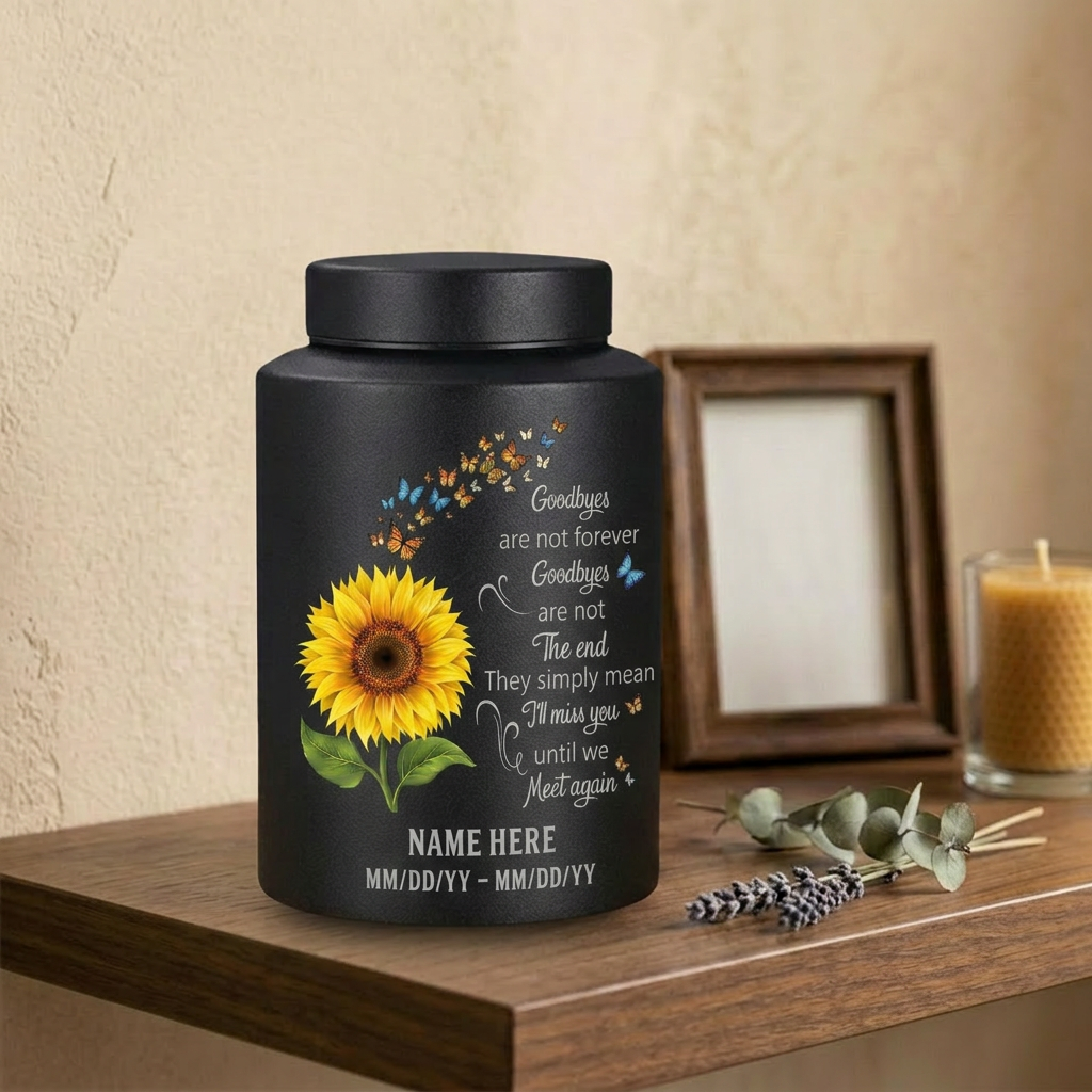 Personalized Flying Butterflies Sunflower Stainless Steel Urn for Human Ashes, Funeral Bereavement Condolence Gift Goodbyes Are Not Forever, Memorial Keepsake Urn, Memorial Gift, In Loving Memory - Image 4