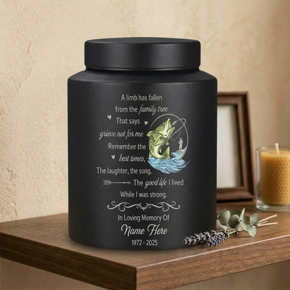 Personalized Bass Fishing Fisherman Stainless Steel Cremation Ash Container, A Limb Has Fallen Family Tree Poem for Father Grandfather, Memorial Keepsake Urn, Memorial Gift, In Loving Memory - Image 4