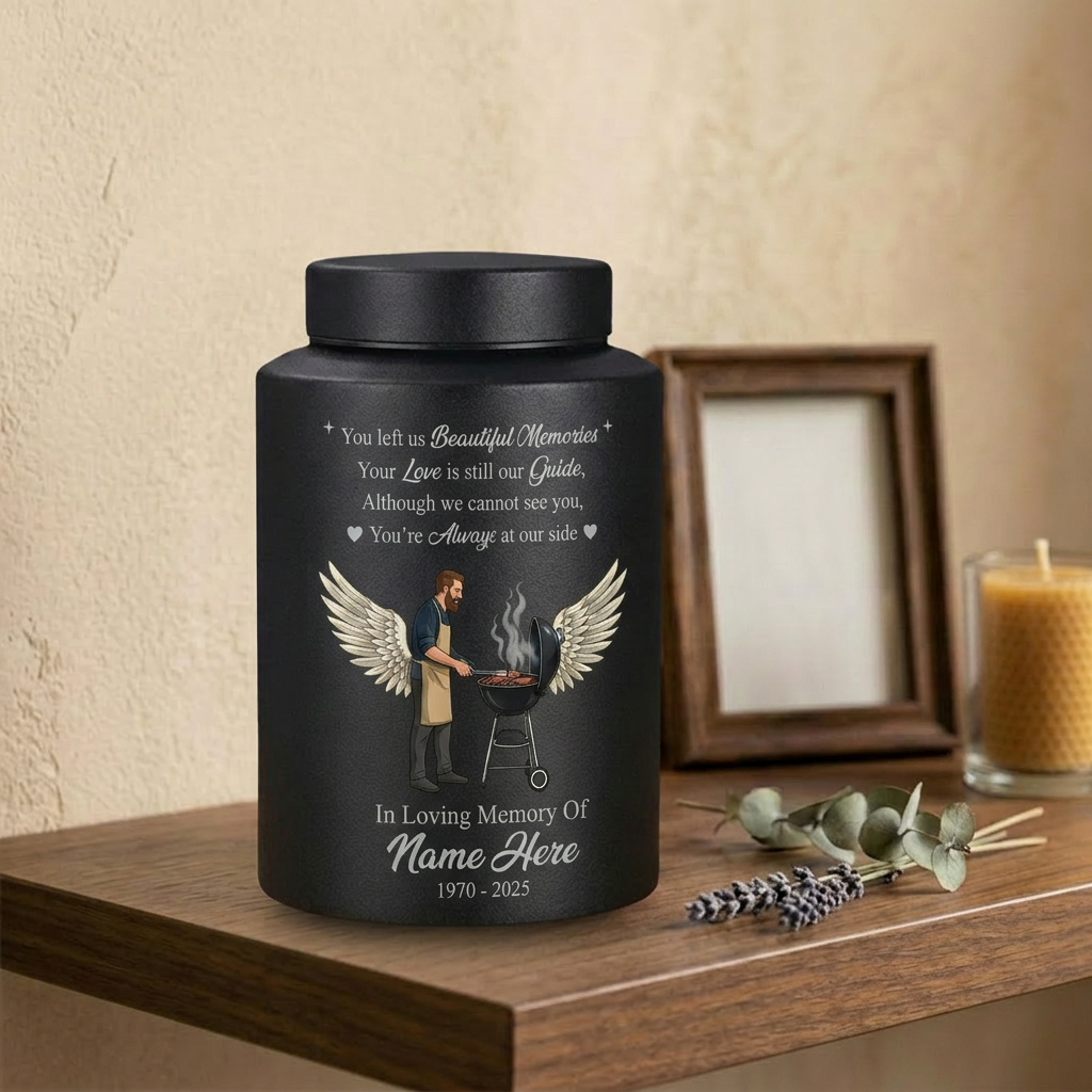 Personalized Grilling Dad BBQ Father UV Printed Stainless Steel Ash Holder Tribute for Husband Grandpa Silver Black Gold Red Small Large Memorial Keepsake Urn, Memorial Gift, In Loving Memory - Image 4