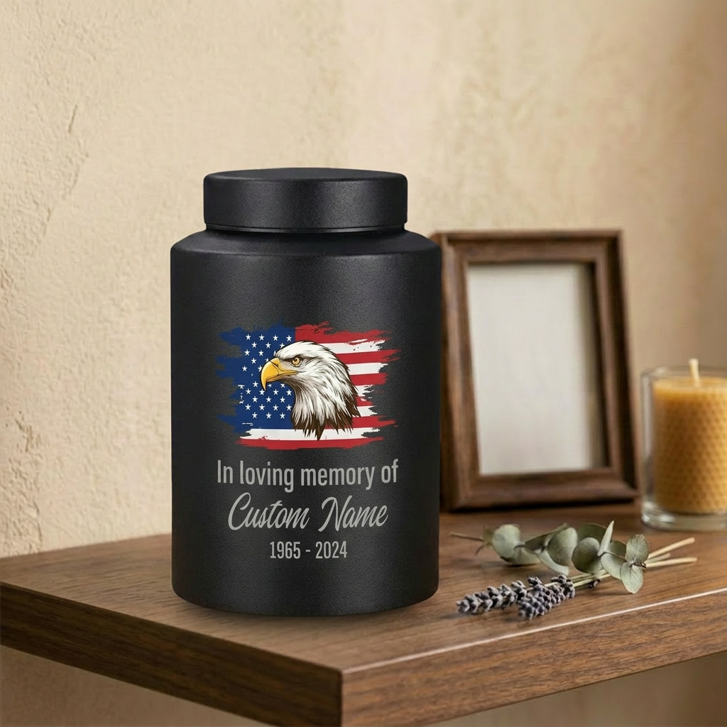 Personalized Eagle Cremation Urn for Human Ashes Adult Men Dad Veteran, UV Printed Metal Tribute Ash Container in Small 5.9in or Large 7.5in, Memorial Keepsake Urn, Memorial Gift, In Loving Memory - Image 4