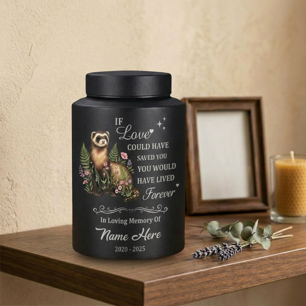 Personalized Botanical Ferret Stainless Steel Pet Urn For Animal Ashes Sympathy Bereavement Display Small Large Sizes Loss Of Pet Memorial Keepsake Urn, Memorial Gift, In Loving Memory - Image 4