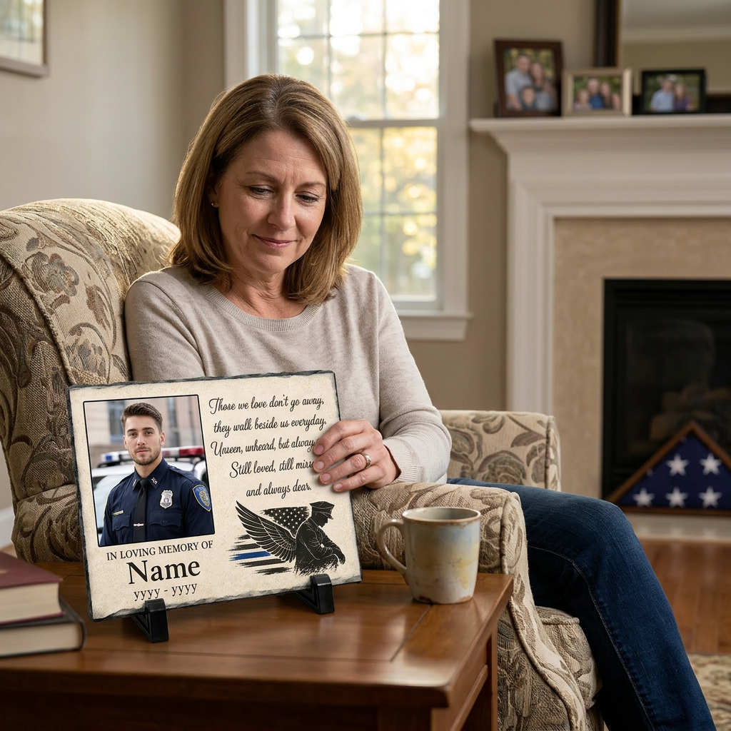 Personalized Police Officer Memorial Photo Slate Stone Thin Blue Line Keepsake - Image 4
