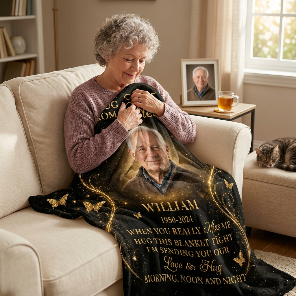 Personalized Memorial Photo Blanket - A Hug From Heaven Fleece Blanket for Loss of Dad, Husband - Image 4