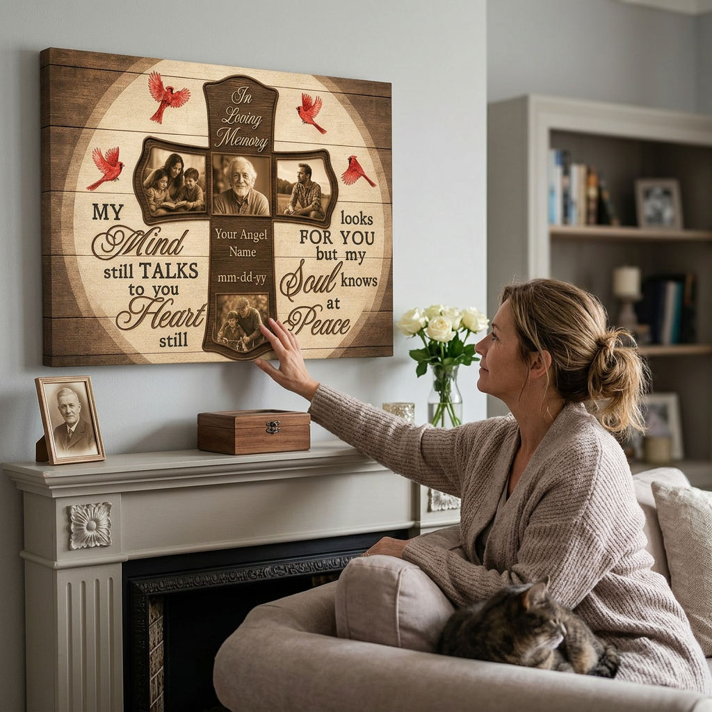 Personalized Memorial Photo Canvas Wall Art Cross Cardinal Sympathy Gift - Image 4