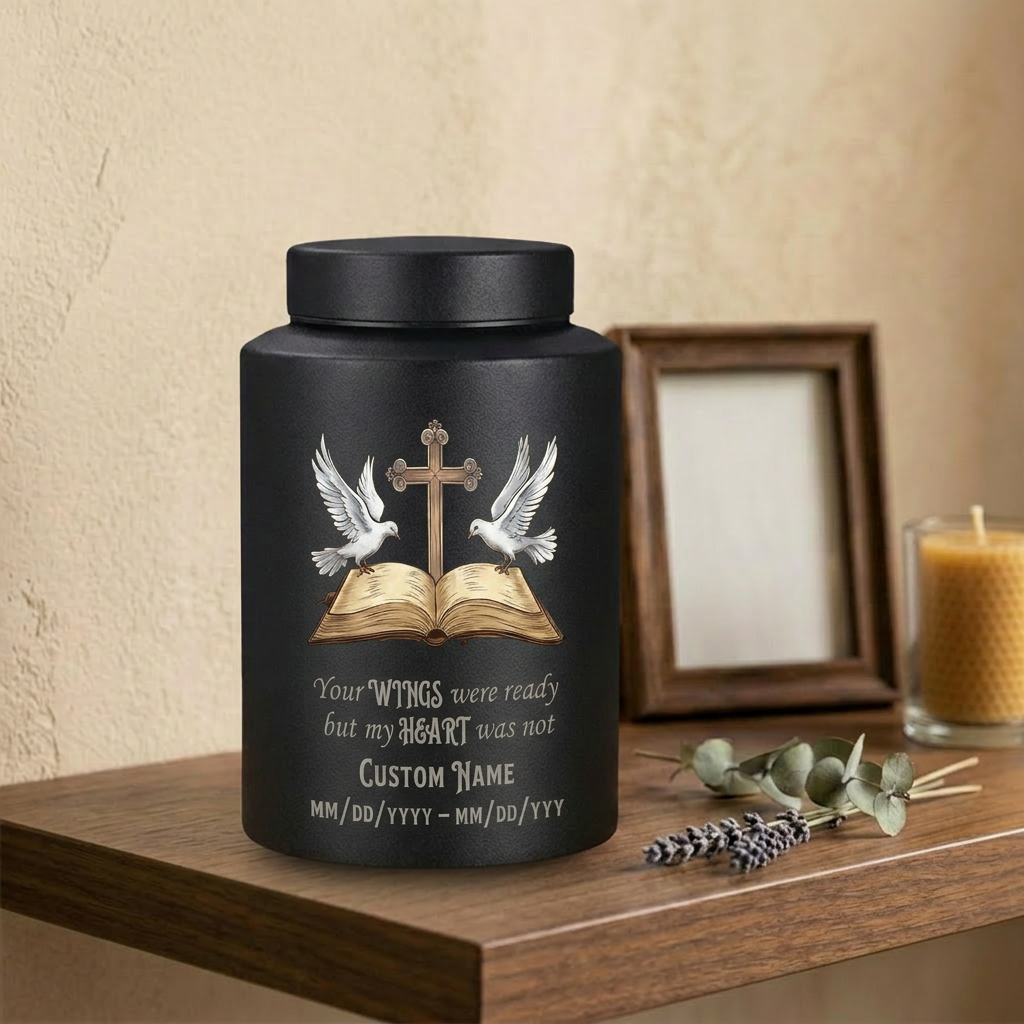 Personalized Christian Doves Jesus Cross Stainless Steel Urn, Your Wings Were Ready But My Heart Was Not for Mom Sister Adult Women Ashes, Memorial Keepsake Urn, Memorial Gift, In Loving Memory - Image 4