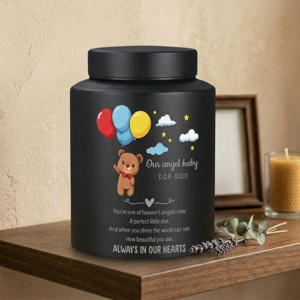 Personalized Teddy Bear Balloons Baby Loss Stainless Steel Urn For Infant Child Bereavement Custom Engraved Sympathy Gift Large And Small Memorial Keepsake Urn, Memorial Gift, In Loving Memory - Image 4