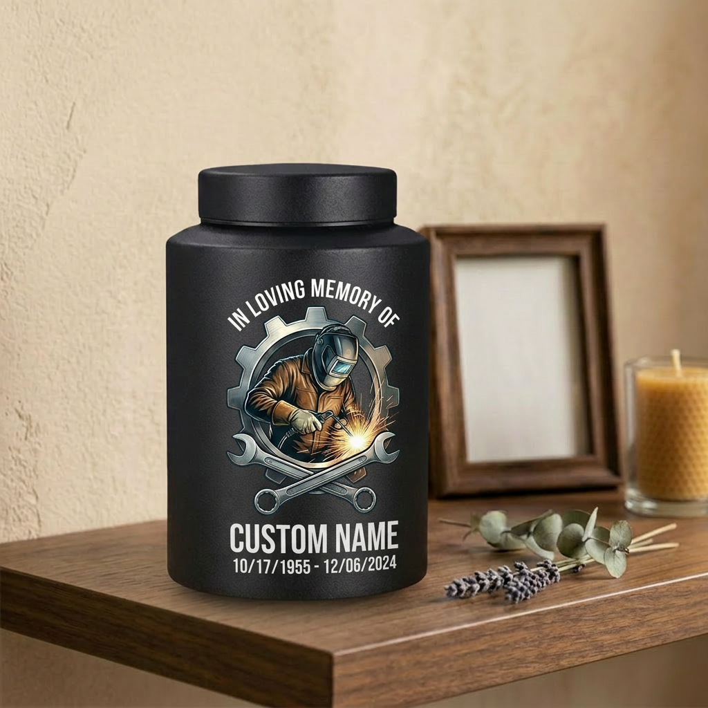 Personalized Welder Gear and Wrenches UV Printed Stainless Steel Urn for Loss of Father Husband Mechanic Bereavement Tribute Two Sizes Memorial Keepsake Urn, Memorial Gift, In Loving Memory - Image 4