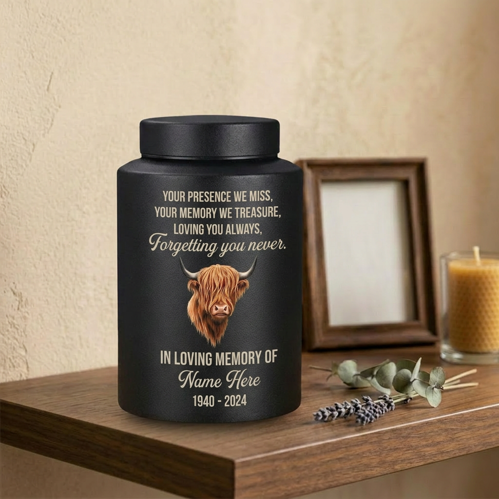Personalized Highland Cow Stainless Steel Urn for Human Ashes, Sympathy Loss of Loved One Bereavement, Adult Ash Container 5.9in 7.5in, Memorial Keepsake Urn, Memorial Gift, In Loving Memory - Image 4