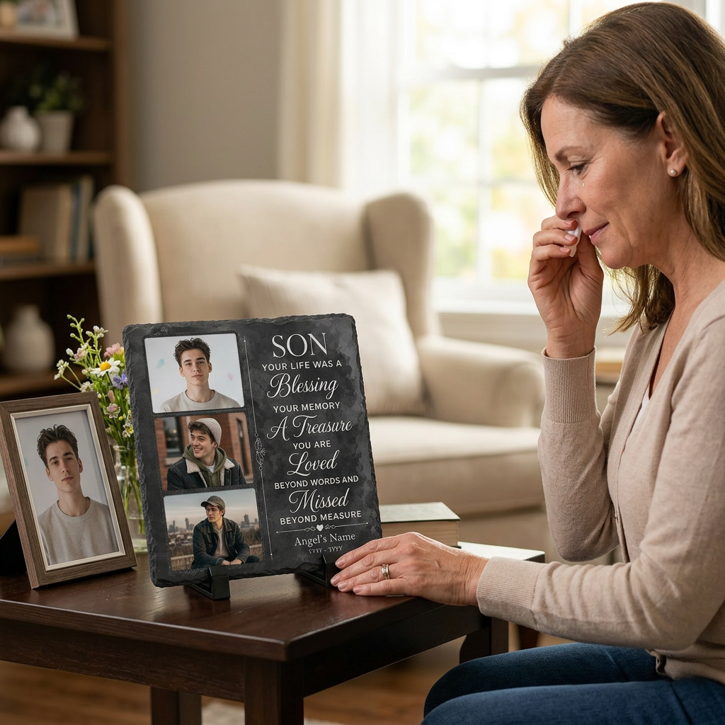 Personalized Memorial Photo Slate Stone for Loss of Son, Custom Remembrance Gift - Image 4