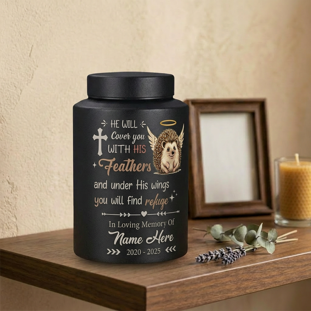 Personalized Angel Hedgehog Pet Loss UV Printed Stainless Steel Cremation Urn Christian Bible Verse Psalm 91 Sympathy Present Decor Memorial Keepsake Urn, Memorial Gift, In Loving Memory - Image 4