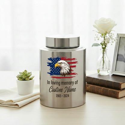 Personalized Eagle Cremation Urn for Human Ashes Adult Men Dad Veteran, UV Printed Metal Tribute Ash Container in Small 5.9in or Large 7.5in, Memorial Keepsake Urn, Memorial Gift, In Loving Memory - Image 5