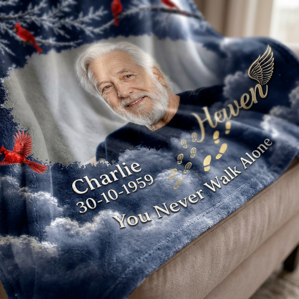 Personalized Memorial Photo Fleece Blanket - You Never Walk Alone Sympathy Gift for Loss - Image 5
