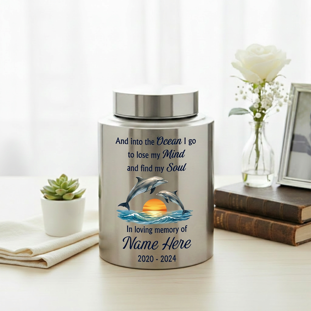 Personalized Dolphin Ocean Stainless Steel Cremation Urn for Adult Male Female Mom Dad, Large UV Print Decorative Funeral Ashes Container, Memorial Keepsake Urn, Memorial Gift, In Loving Memory - Image 5