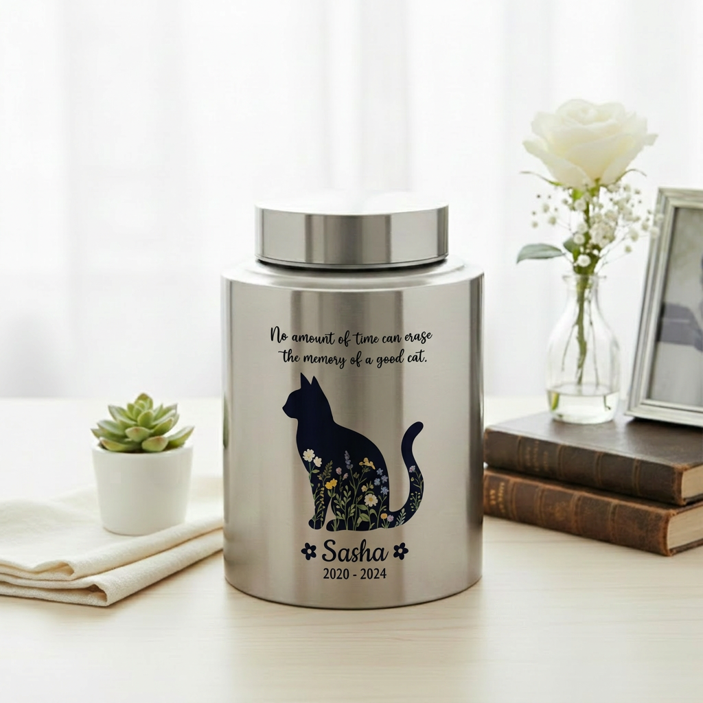 Personalized Cat Pet Memorial Stainless Steel Urns for Ashes Feline Loss of Pet Sympathy Bereavement Large Capacity UV Printed Memorial Keepsake Urn, Memorial Gift, In Loving Memory - Image 5