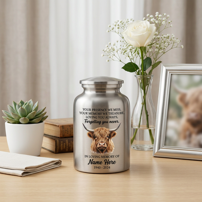 Personalized Highland Cow Stainless Steel Urn for Human Ashes, Sympathy Loss of Loved One Bereavement, Adult Ash Container 5.9in 7.5in, Memorial Keepsake Urn, Memorial Gift, In Loving Memory - Image 5