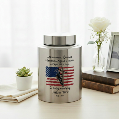 Personalized Lineman Electrician Stainless Steel Urn for Human Ashes Dad Husband Powerline Worker Tribute Custom Name Date UV Print Memorial Keepsake Urn, Memorial Gift, In Loving Memory - Image 5
