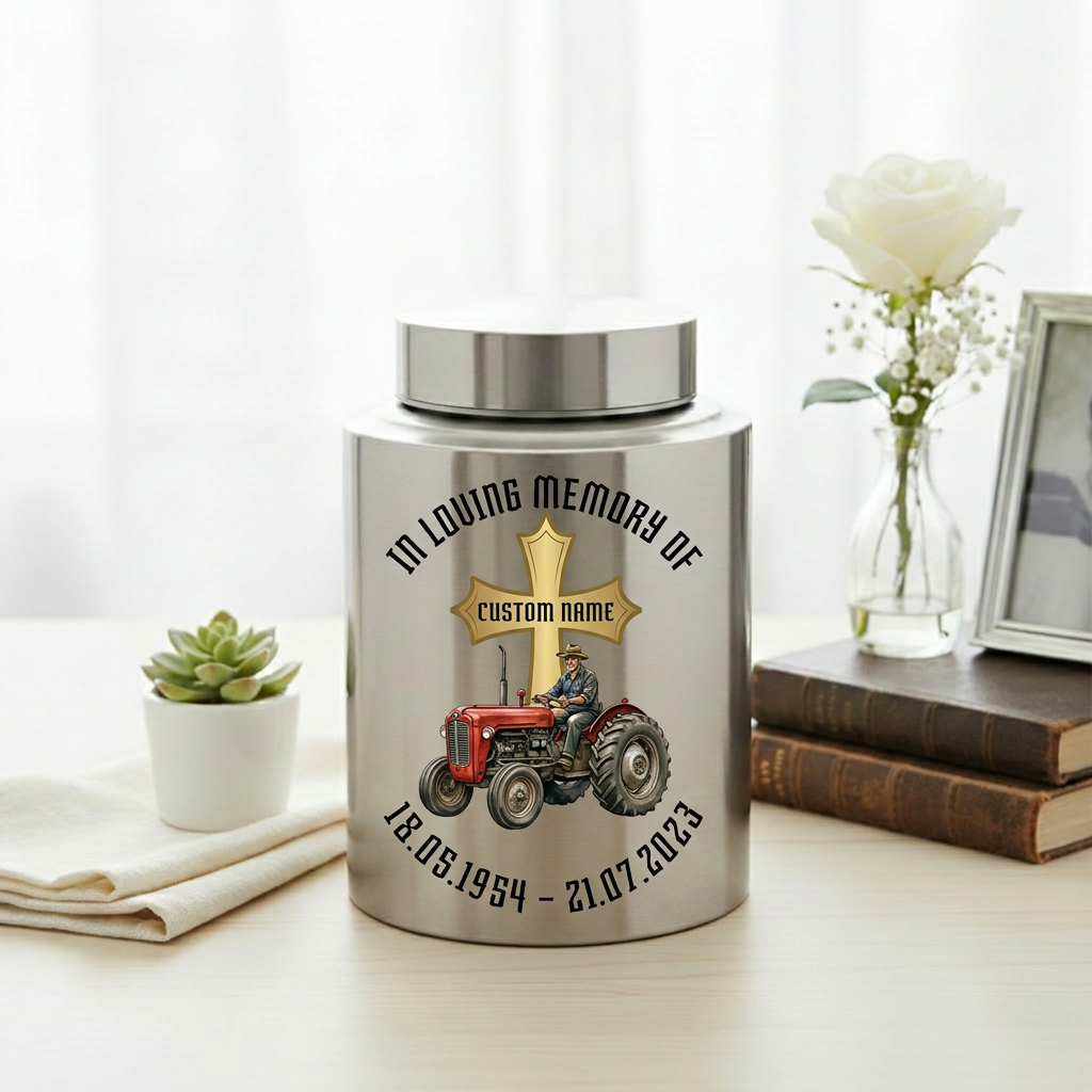 Personalized Farmer Tractor Gothic Cross Stainless Steel Urn for Human Ashes Loss of Father Grandfather Husband Decorative 5.9x3.9 7.5x5.1 Memorial Keepsake Urn, Memorial Gift, In Loving Memory - Image 5
