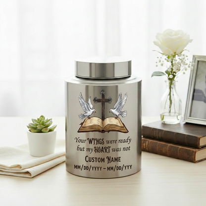 Personalized Christian Doves Jesus Cross Stainless Steel Urn, Your Wings Were Ready But My Heart Was Not for Mom Sister Adult Women Ashes, Memorial Keepsake Urn, Memorial Gift, In Loving Memory - Image 5