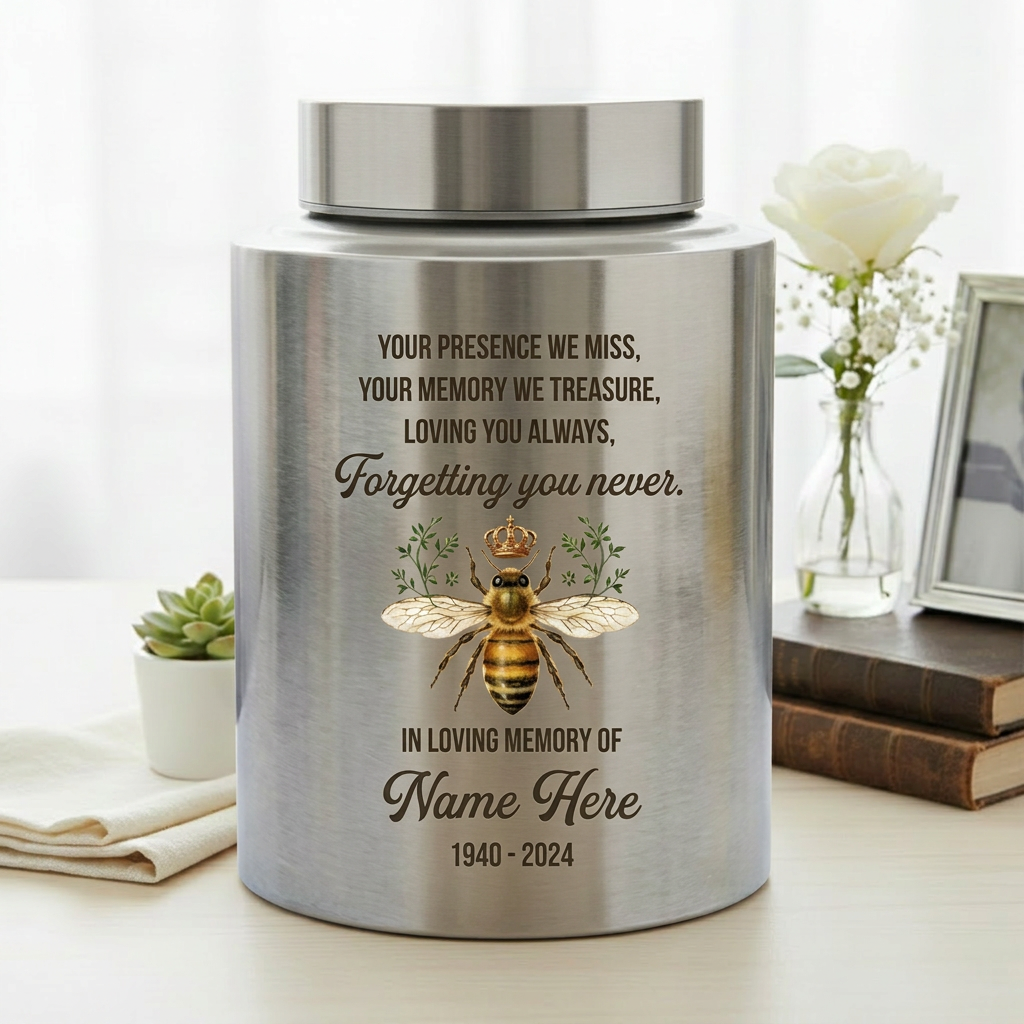 Personalized Honey Bee Stainless Steel Cremation Urn for Human Ashes, Custom Sympathy Remembrance Bereavement Gift for Loss of Loved One, Memorial Keepsake Urn, Memorial Gift, In Loving Memory - Image 5