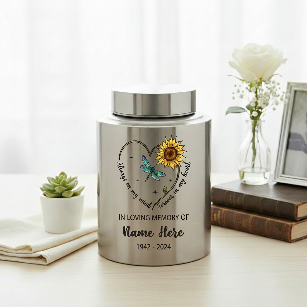Personalized Dragonfly Moon Sunflower Stainless Steel Cremation Urn Adult Ashes Funeral Burial Bereavement Always On My Mind Memorial Keepsake Urn, Memorial Gift, In Loving Memory - Image 5