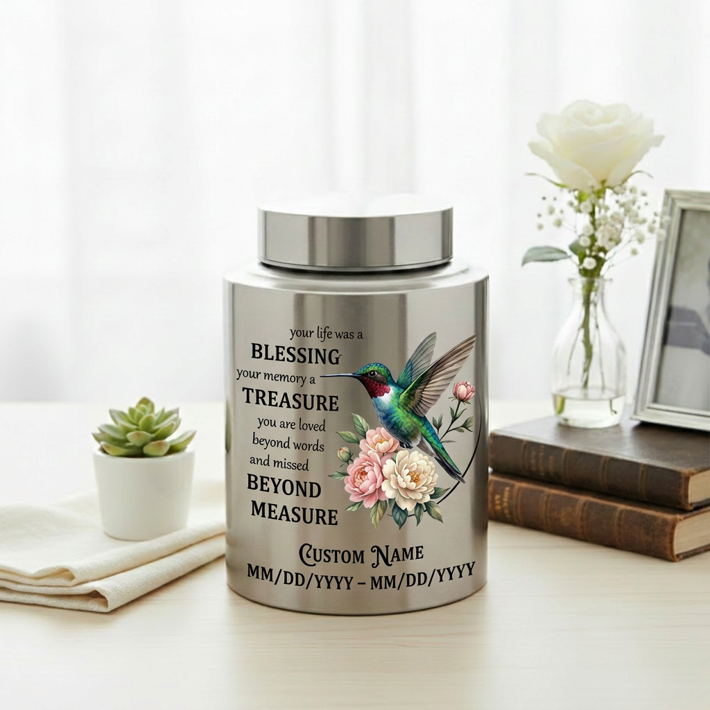 Personalized Hummingbird Stainless Steel Cremation Urn For Human Ashes Custom Name And Date Loss Of Loved One Sympathy Condolence Bereavement Memorial Keepsake Urn, Memorial Gift, In Loving Memory - Image 5