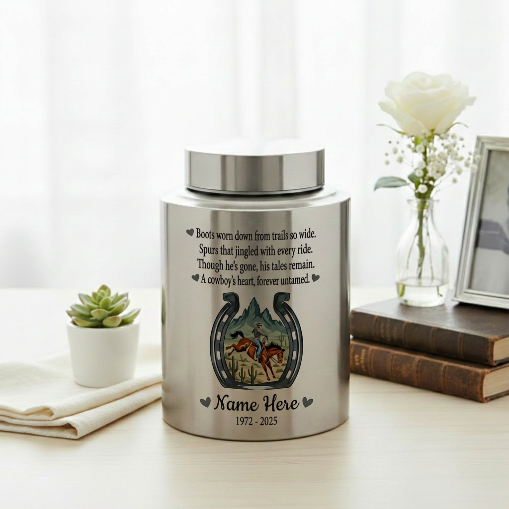 Personalized Cowboy Boots Hat Horseshoe UV Printed Stainless Steel Urn for Adult Ashes Western Sympathy Father Husband Large Memorial Keepsake Urn, Memorial Gift, In Loving Memory - Image 5