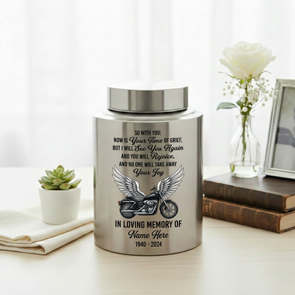 Personalized Motorcycle Riding in Heaven Stainless Steel Cremation Ashes Holder for Dad Brother Biker Condolence Bereavement Present Memorial Keepsake Urn, Memorial Gift, In Loving Memory - Image 5