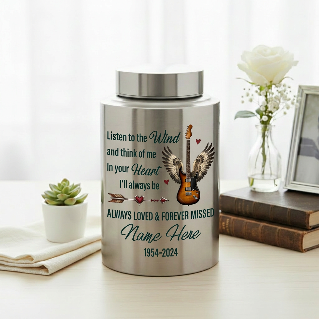 Personalized Guitar Angel Wings Music Lover Stainless Steel Cremation Urn Funeral Adult Male Female Human Ashes Large Silver Black Gold Red Memorial Keepsake Urn, Memorial Gift, In Loving Memory - Image 5