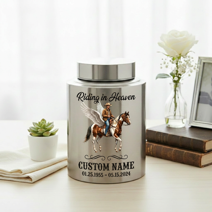 Personalized Cowboy Boots Hat Cross Western UV Printed Stainless Steel Funeral Urn for Adult Human Ashes Large Custom Riding In Heaven Memorial Keepsake Urn, Memorial Gift, In Loving Memory - Image 5