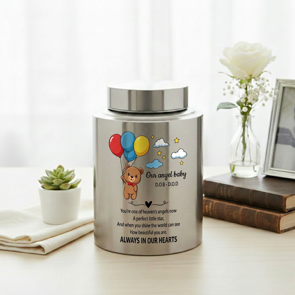 Personalized Teddy Bear Balloons Baby Loss Stainless Steel Urn For Infant Child Bereavement Custom Engraved Sympathy Gift Large And Small Memorial Keepsake Urn, Memorial Gift, In Loving Memory - Image 5
