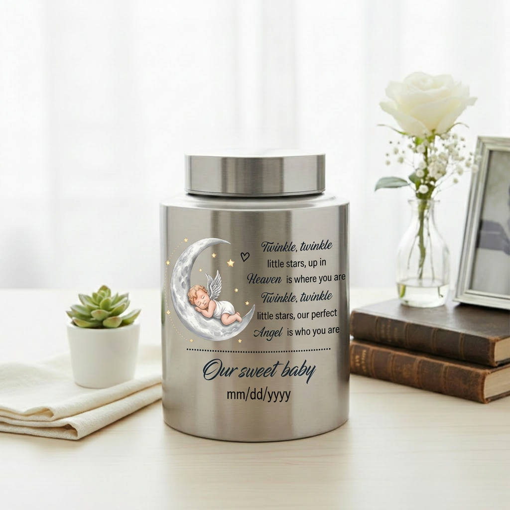 Personalized Baby Moon Stainless Steel Urn for Infant Child Boy Girl, Decorative Twinkle Star Nursery Urn, Custom Angel Funeral Ash Holder, Memorial Keepsake Urn, Memorial Gift, In Loving Memory - Image 5