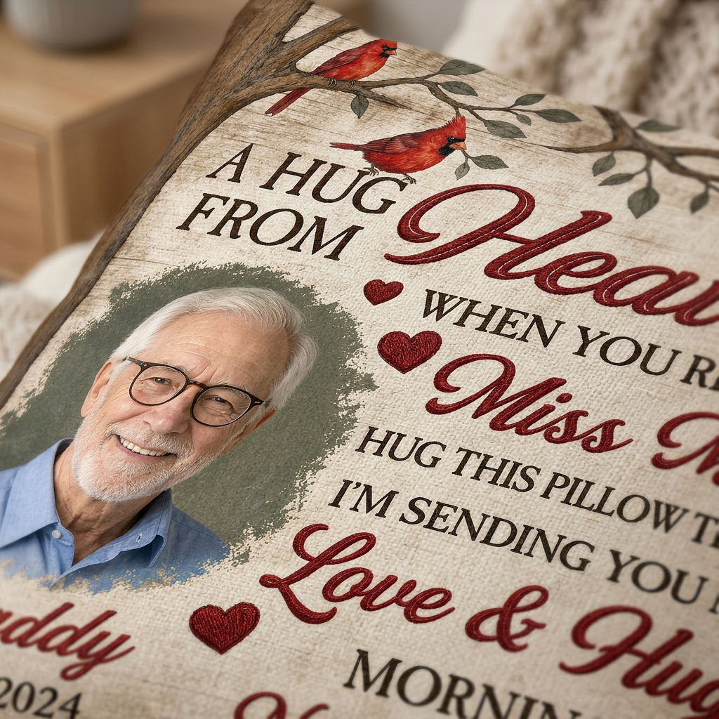 Personalized Memorial Photo Pillow for Loss of Father, A Hug From Heaven Dad Keepsake Gift - Image 5