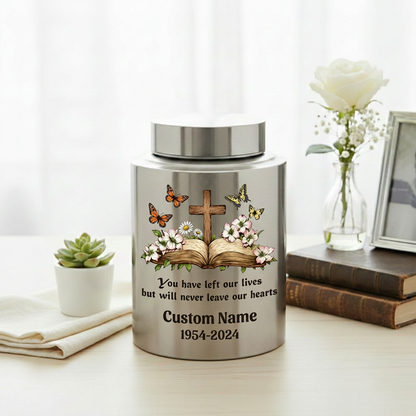 Personalized Christian Cross Bible Floral Urn, Custom Name Date Stainless Steel Adult Ash Container, Bereavement Sympathy Funeral Memorial Keepsake Urn, Memorial Gift, In Loving Memory - Image 5