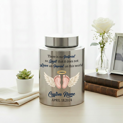 Personalized Angel Baby Footprint Stainless Steel Cremation Urn, Infant Loss Remembrance Container, Grieving Parent Sympathy Present, Memorial Keepsake Urn, Memorial Gift, In Loving Memory - Image 5