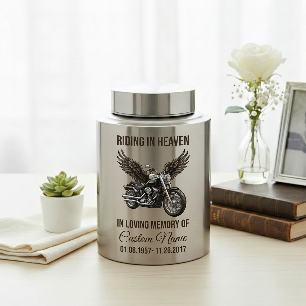 Personalized Motorcycle Riding in Heaven Stainless Steel Ash Holder for Adult Male Dad Biker Funeral Display Large Capacity Memorial Keepsake Urn, Memorial Gift, In Loving Memory - Image 5