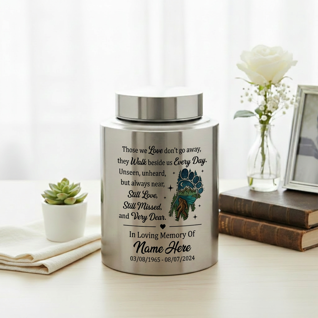 Personalized Bigfoot Sasquatch Stainless Steel Urn for Adult Human Ashes Men Father Husband Bereavement Condolence Silver Black Gold Red Memorial Keepsake Urn, Memorial Gift, In Loving Memory - Image 5