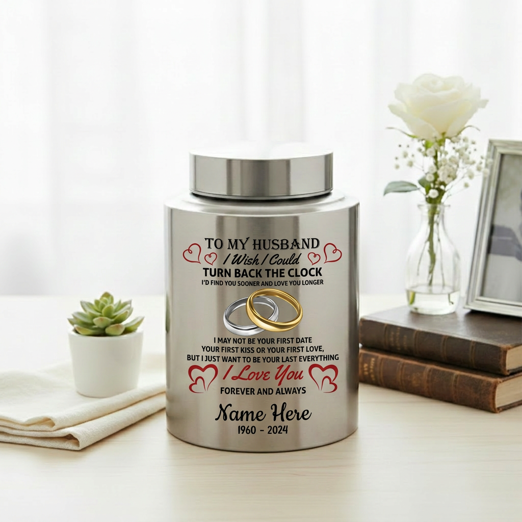 Personalized Interlocked Wedding Rings Couple In Heaven UV Printed Urn For Loss Of Husband Sympathy Bereavement Gifts For Widow Two Sizes Memorial Keepsake Urn, Memorial Gift, In Loving Memory - Image 5