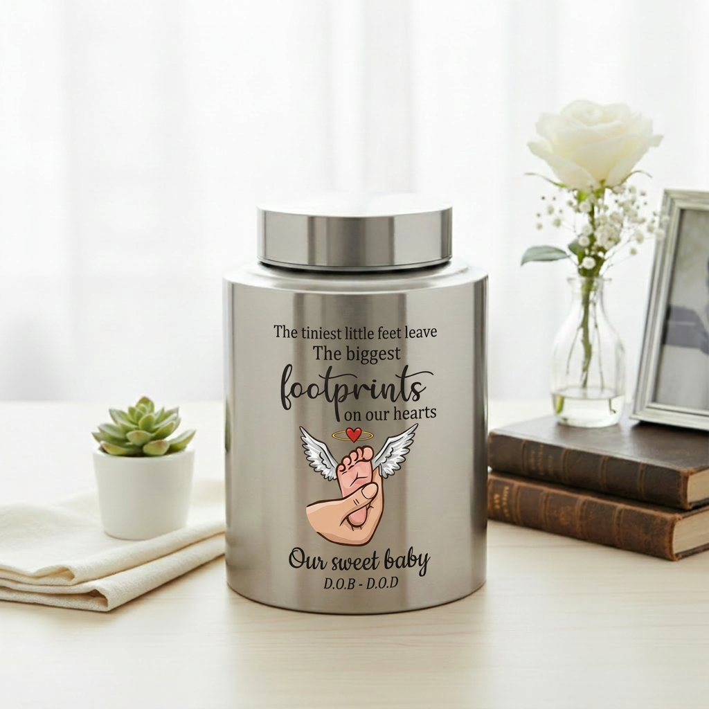 Personalized Baby Footprints Infant Loss Stainless Steel Urn, Child Bereavement Keepsake Custom Dates, Two Sizes 5.9x3.9 7.5x5.1, Memorial Keepsake Urn, Memorial Gift, In Loving Memory - Image 5