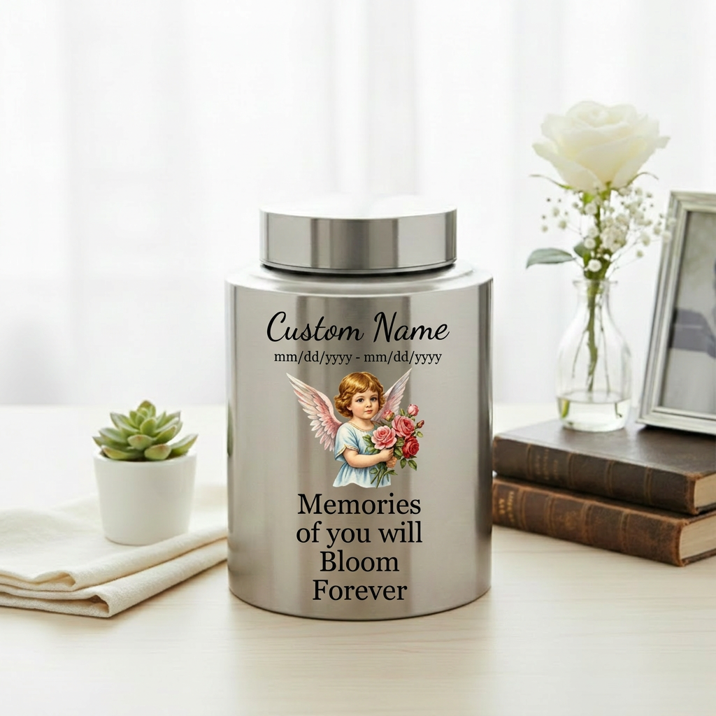 Personalized Baby Flower Bloom UV Printed Stainless Steel Cremation Urn for Infant Child Boy Girl, Custom Name Dates Large Ash Holder, Memorial Keepsake Urn, Memorial Gift, In Loving Memory - Image 5